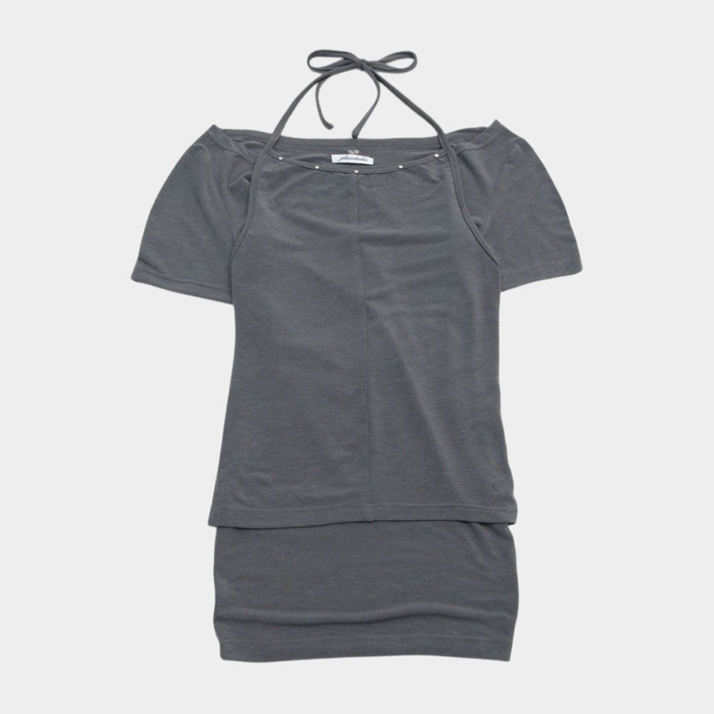 PLACE STUDIO Eyelet point halterneck side shirring two-way tank top & short sleeve set _3COLOR