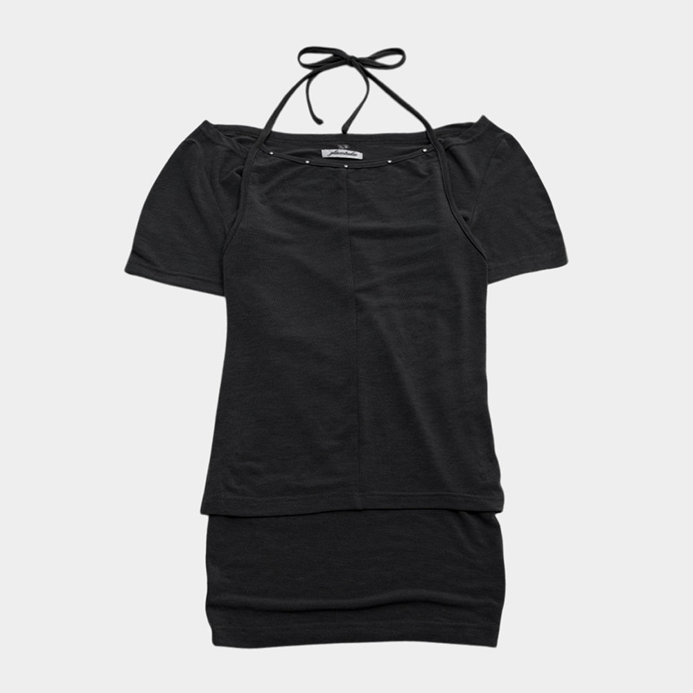 PLACE STUDIO Eyelet point halterneck side shirring two-way tank top & short sleeve set _3COLOR