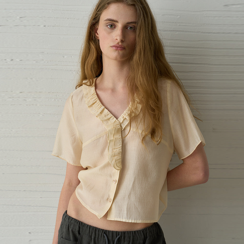 EVESAGE [1st reorder] Shirring blouse (Beige)