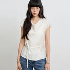 EUGGEN Cowl neck draped belted blouse_ivory
