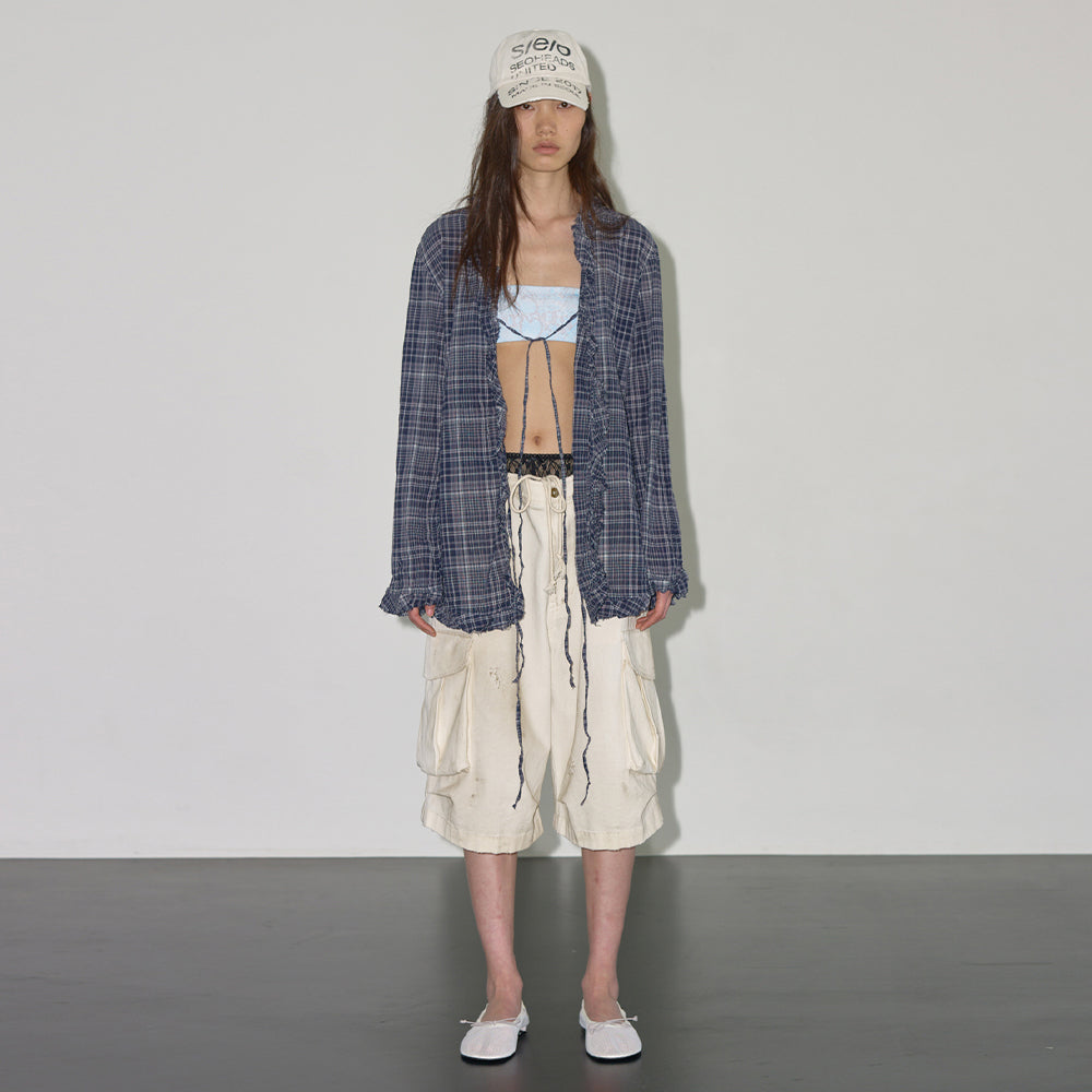 s/e/o RUFFLED CHECK TIE BLOUSE NAVY
