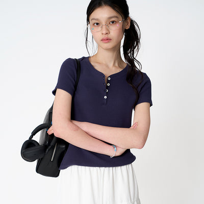 Kate waffle henley t-shirt_Navy