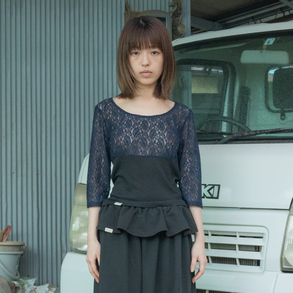 PEEVES PEEVES Sheer Lace Rib Top / Navy