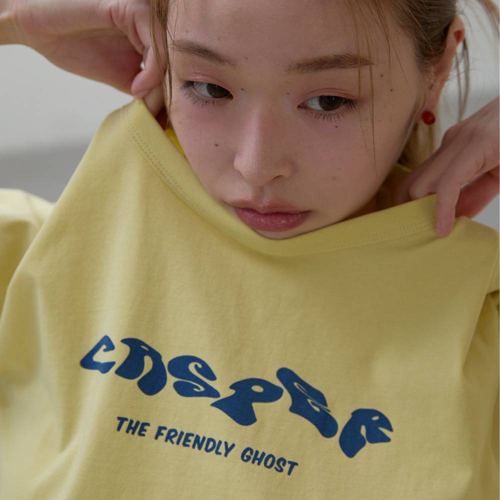 LUCKY CHOUETTE [CASPER X CHOUETTIES] Lettering Graphic Slim Fit Short Sleeve T-Shirt (light yellow) LATAX26940YEL