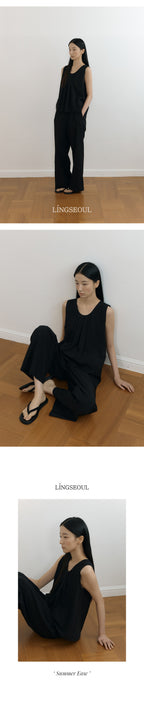 LINGSEOUL rayon tucked sleeveless top-black