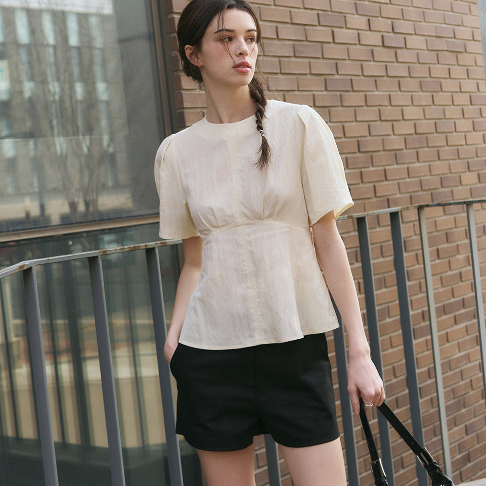 DRAWFIT WOMEN Edel puff sleeve short sleeve blouse [CREAM BEIGE]