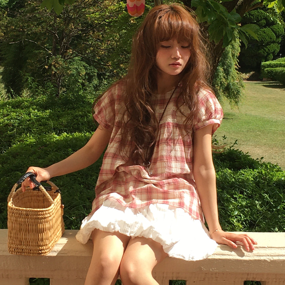 OURNOSTALGIA Avel Lace Check Blouse_Red(OB6BL12)