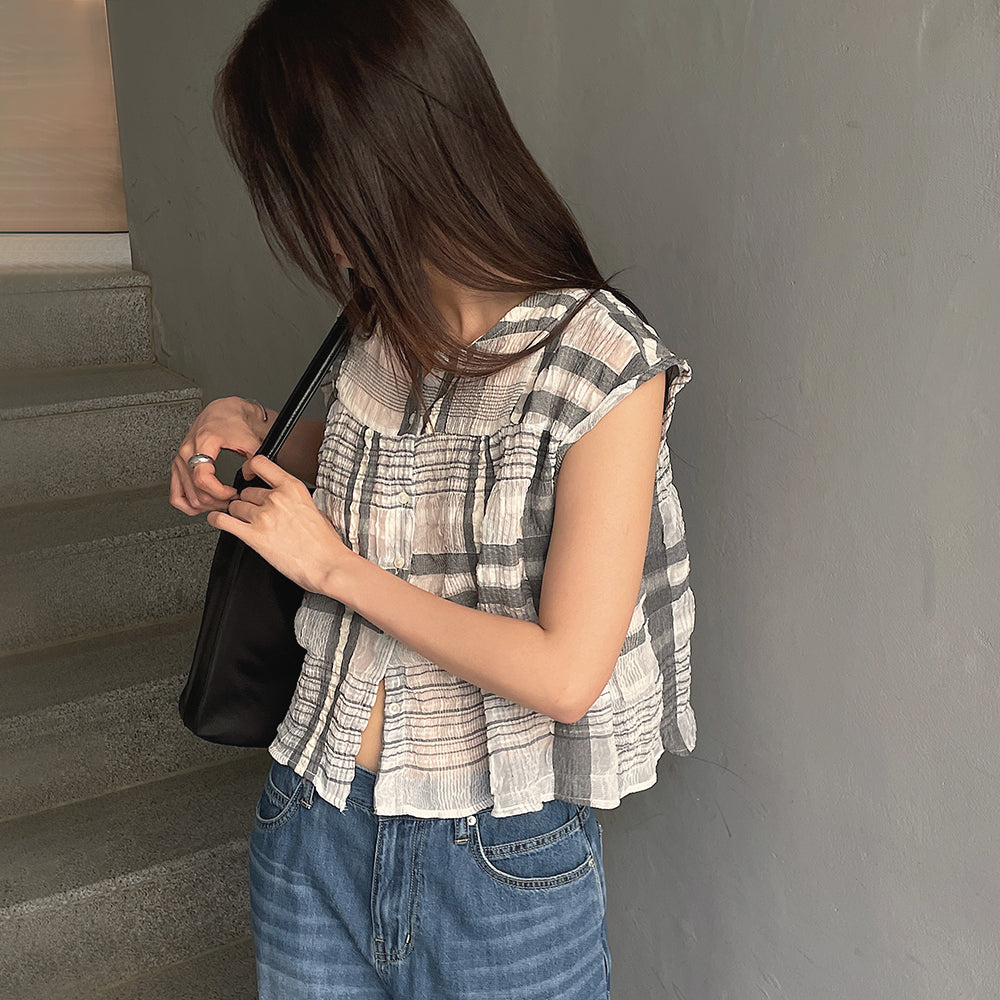 BLUE BRICK Check flare blouse (black)