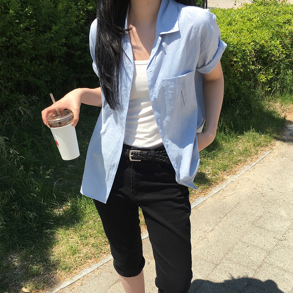 DRAWFIT WOMEN Striped standard open collar short sleeve shirt [SKY BLUE]