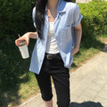 DRAWFIT WOMEN Striped standard open collar short sleeve shirt [SKY BLUE]