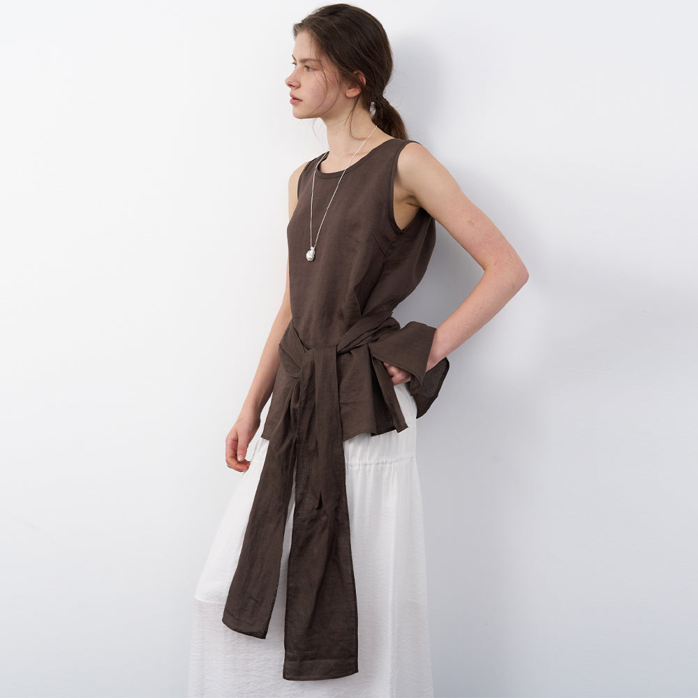 LENIL Sia Linen Tied Top (Brown)
