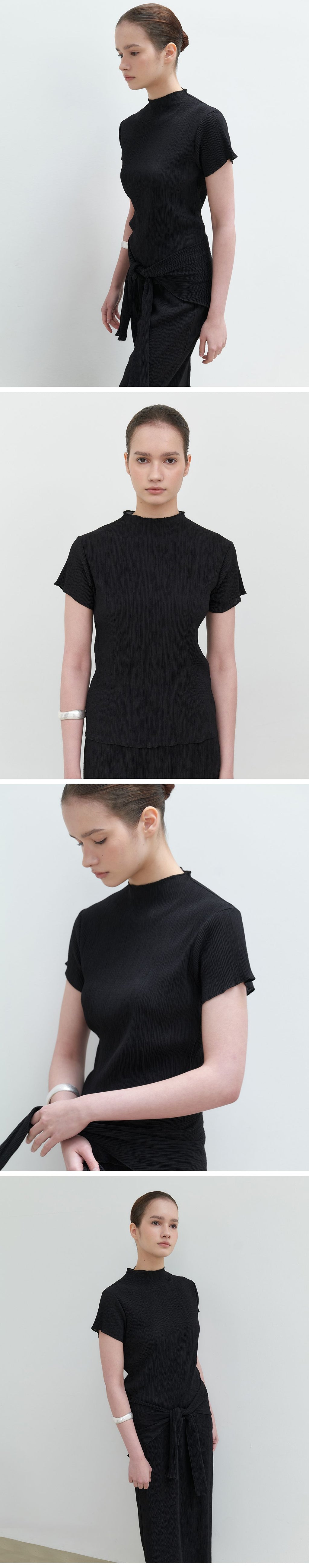 HOURMOND Airy Pleats Mock-neck Tee