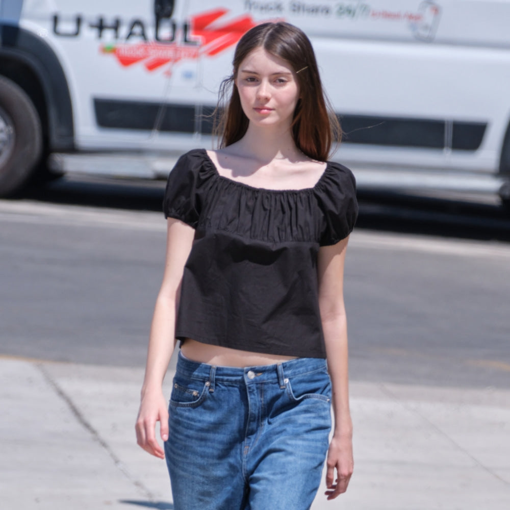 LOW CLASSIC COTTON BUTTON-UP SHIRRING BLOUSE_BLACK [LC262BL01BK]