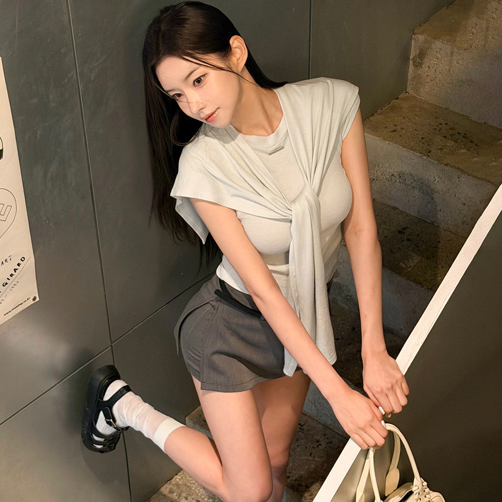 TWEE Ento slim shirring short sleeve t-shirt (muffler set)