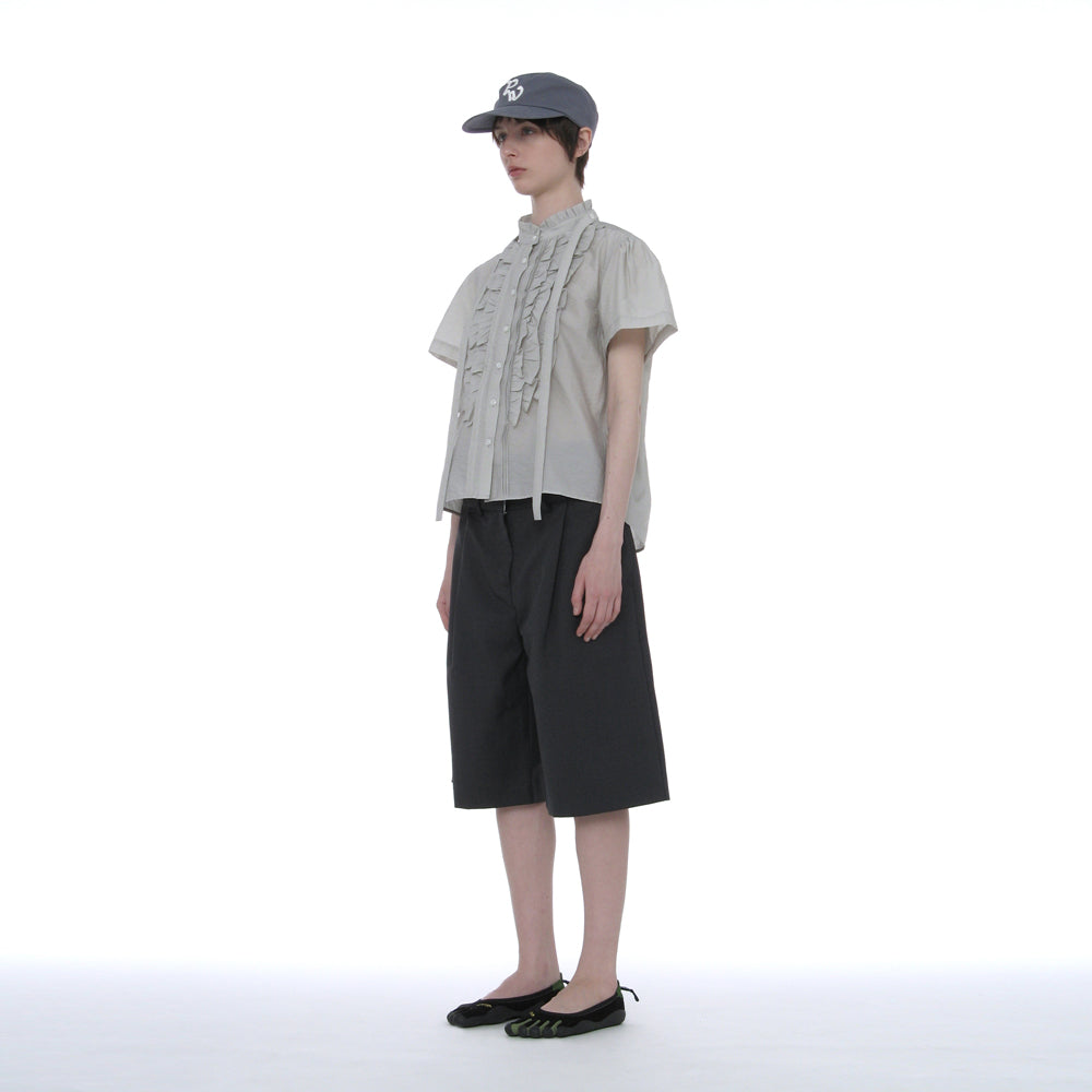 PARTIMENTO WOMEN SCARF RUFFLE PINTUCK BLOUSE_LIGHT GREY