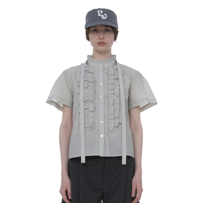 SCARF RUFFLE PINTUCK BLOUSE_LIGHT GREY