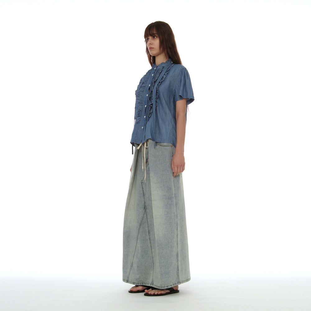 PARTIMENTO WOMEN SCARF RUFFLE PINTUCK BLOUSE_DENIM