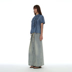PARTIMENTO WOMEN SCARF RUFFLE PINTUCK BLOUSE_DENIM