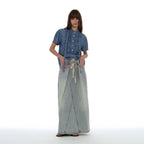 PARTIMENTO WOMEN SCARF RUFFLE PINTUCK BLOUSE_DENIM
