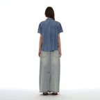 PARTIMENTO WOMEN SCARF RUFFLE PINTUCK BLOUSE_DENIM