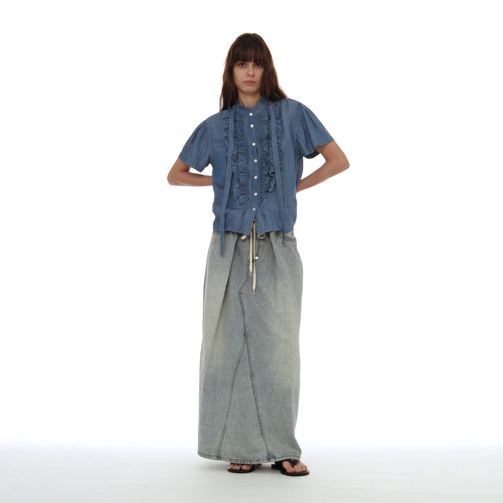 PARTIMENTO WOMEN SCARF RUFFLE PINTUCK BLOUSE_DENIM