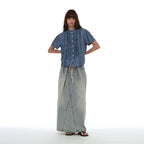 PARTIMENTO WOMEN SCARF RUFFLE PINTUCK BLOUSE_DENIM