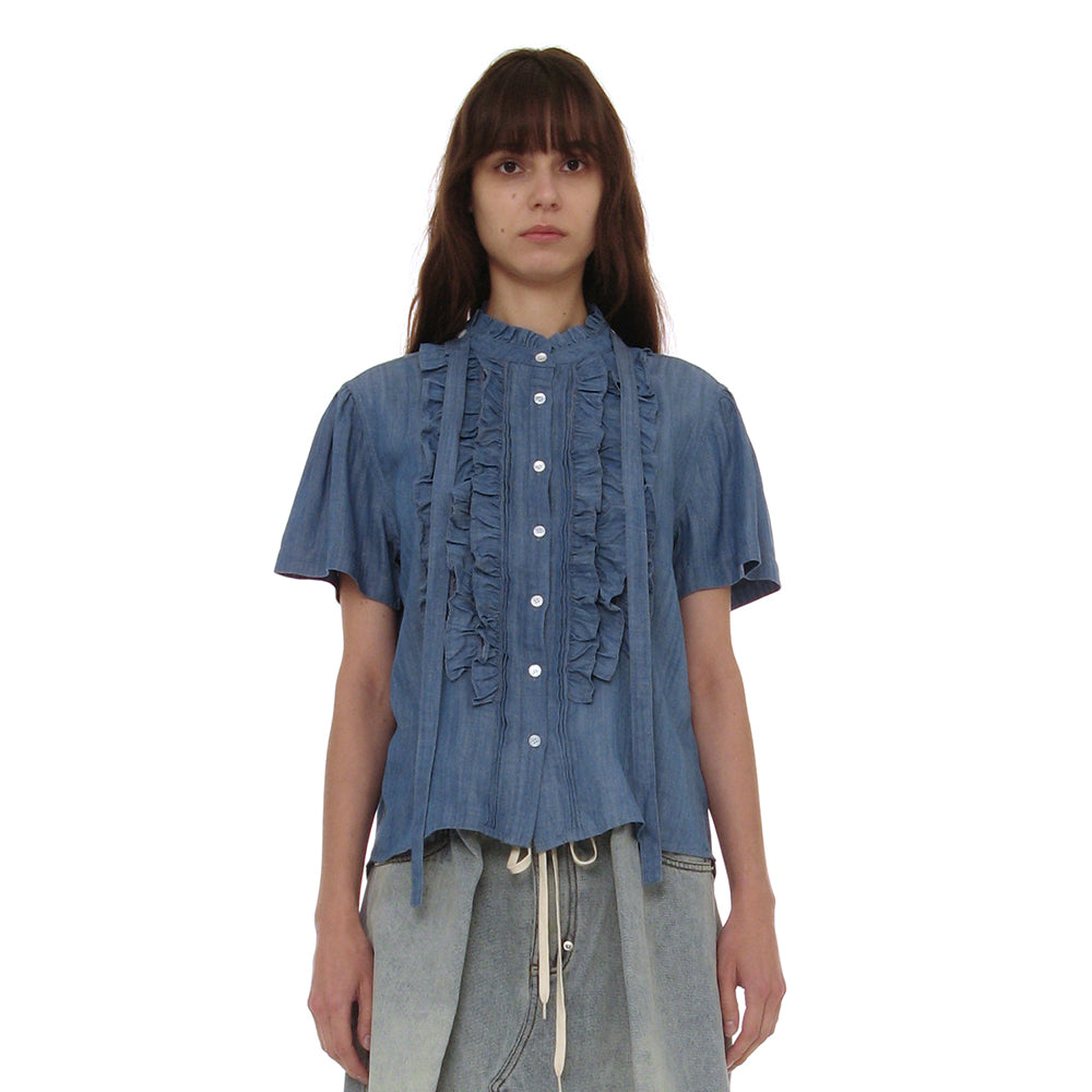 PARTIMENTO WOMEN SCARF RUFFLE PINTUCK BLOUSE_DENIM