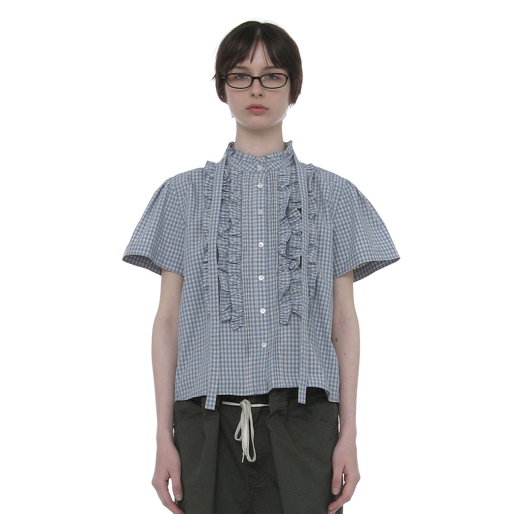 PARTIMENTO WOMEN SCARF RUFFLE PINTUCK BLOUSE_SKY CHECK