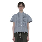 PARTIMENTO WOMEN SCARF RUFFLE PINTUCK BLOUSE_SKY CHECK