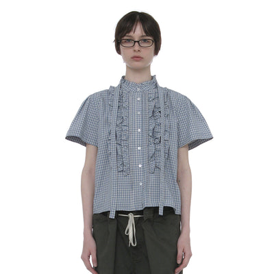SCARF RUFFLE PINTUCK BLOUSE_SKY CHECK