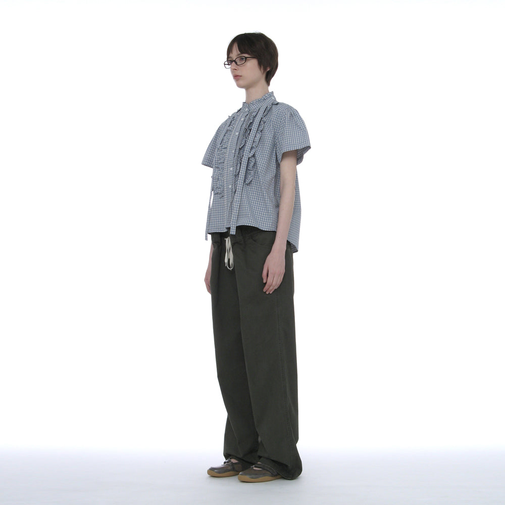 PARTIMENTO WOMEN SCARF RUFFLE PINTUCK BLOUSE_SKY CHECK