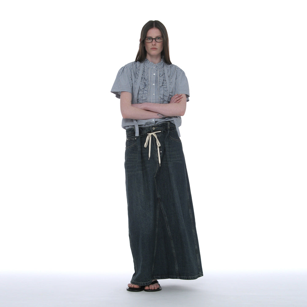 PARTIMENTO WOMEN SCARF RUFFLE PINTUCK BLOUSE_SKY CHECK