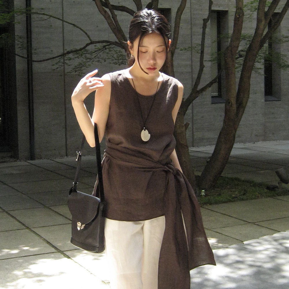 LENIL Sia Linen Tied Top (Brown)