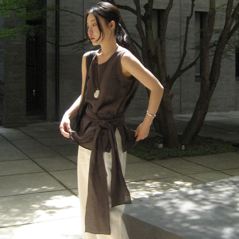 LENIL Sia Linen Tied Top (Brown)