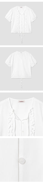 ROIROI Frill Ribbon Short Sleeve Blouse - White