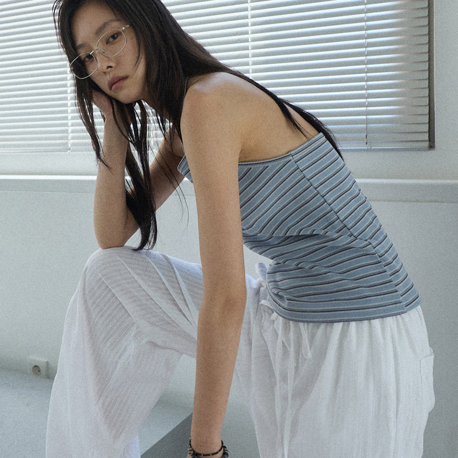 RENSE Ribbed Stripe Halter Top Blue