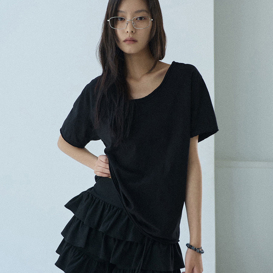 RENSE Raw Edge U-Neck Half Tee Black