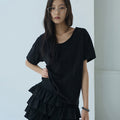 RENSE Raw Edge U-Neck Half Tee Black