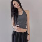 LONDONDADA Stud Shirring Halter Neck Top, CHARCOAL