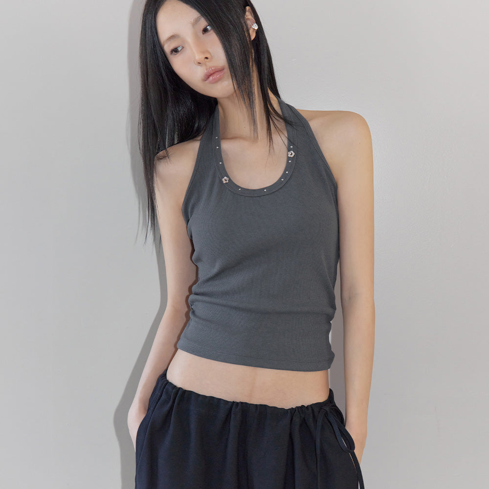 LONDONDADA Stud Shirring Halter Neck Top, CHARCOAL