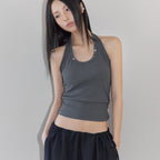 LONDONDADA Stud Shirring Halter Neck Top, CHARCOAL