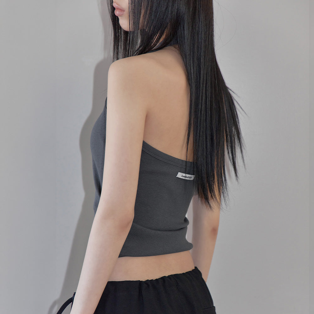 LONDONDADA Stud Shirring Halter Neck Top, CHARCOAL