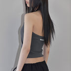 LONDONDADA Stud Shirring Halter Neck Top, CHARCOAL