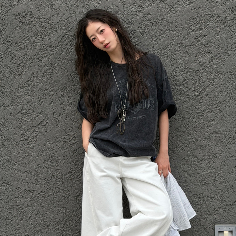 E.B.M (Edition by Michaa) [Yuju PICK] [Online exclusive] Vintage washed lettering overfit t-shirt EMQ5ETS200