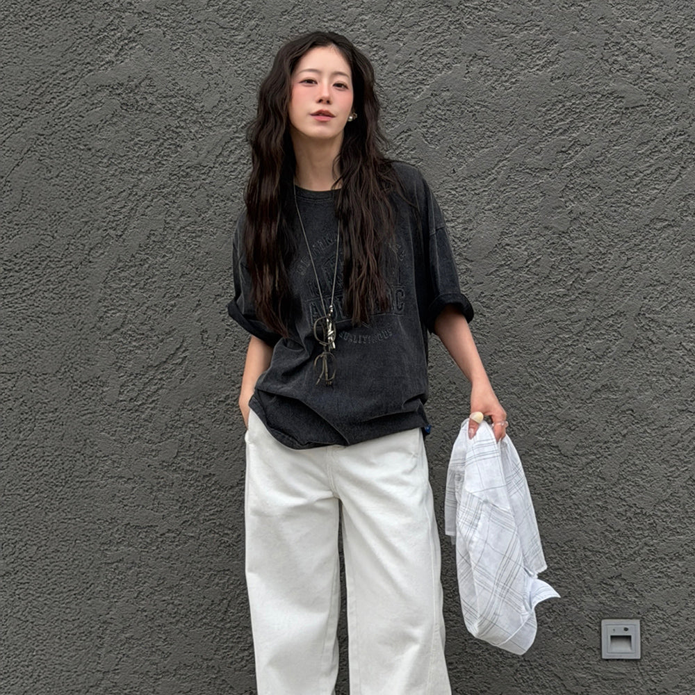 E.B.M (Edition by Michaa) [Yuju PICK] [Online exclusive] Vintage washed lettering overfit t-shirt EMQ5ETS200