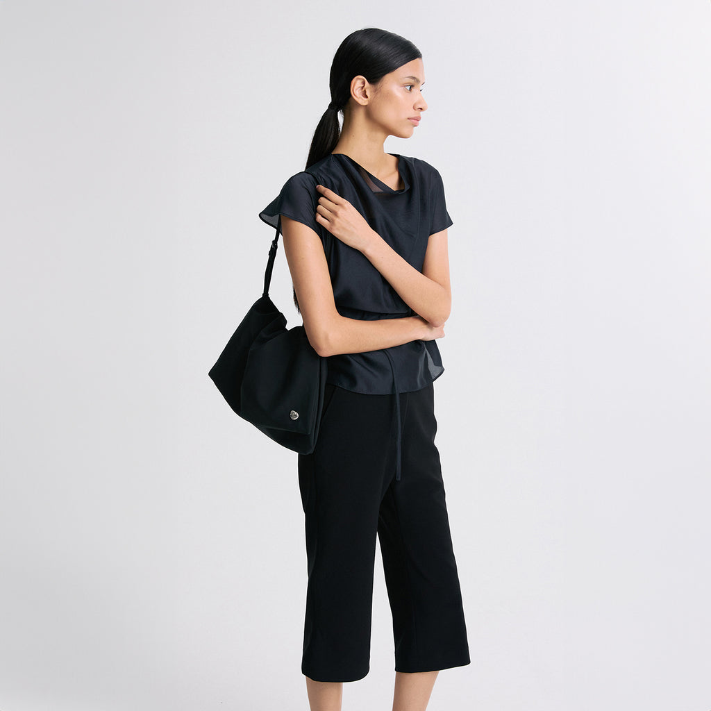 RE RHEE SHEER BELTED BLOUSE MIDNIGHT NAVY