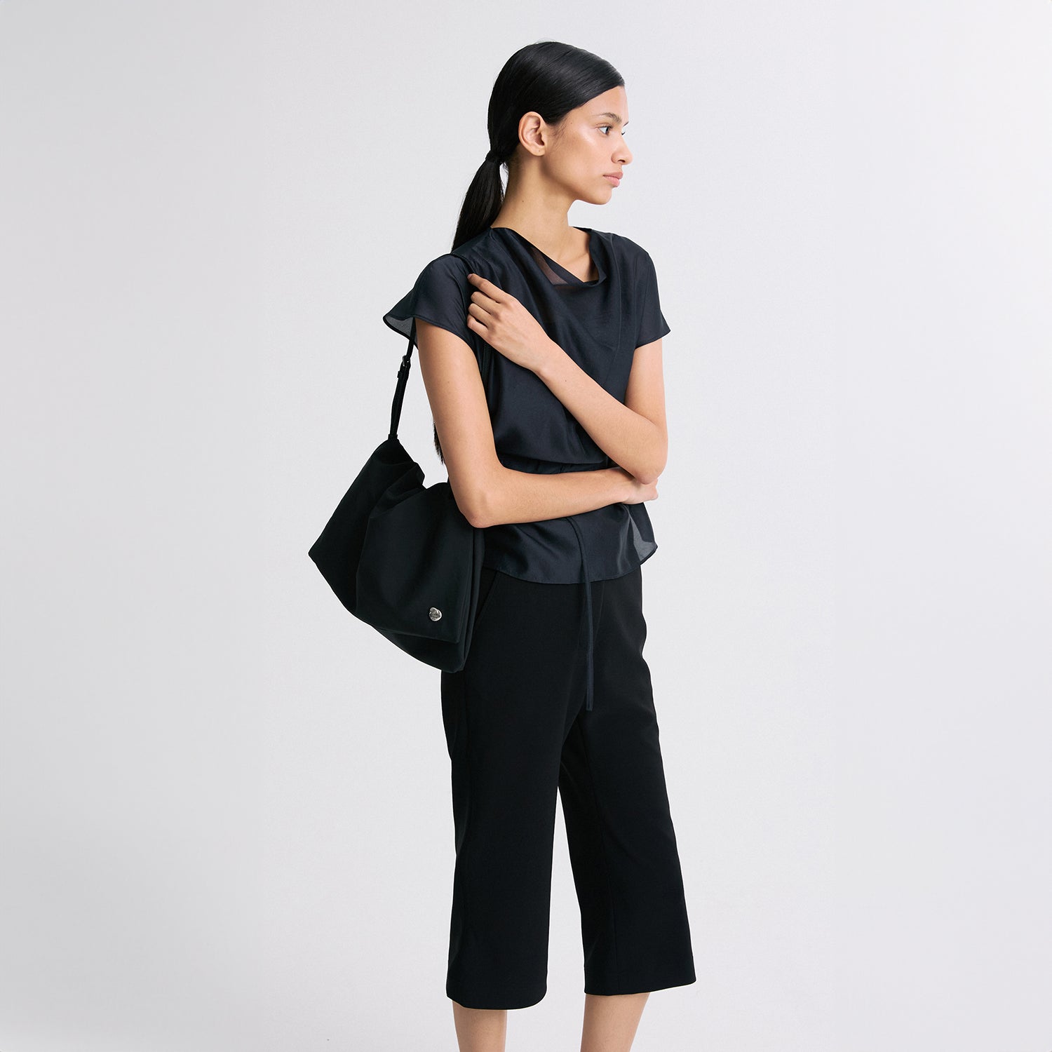 RE RHEE SHEER BELTED BLOUSE MIDNIGHT NAVY