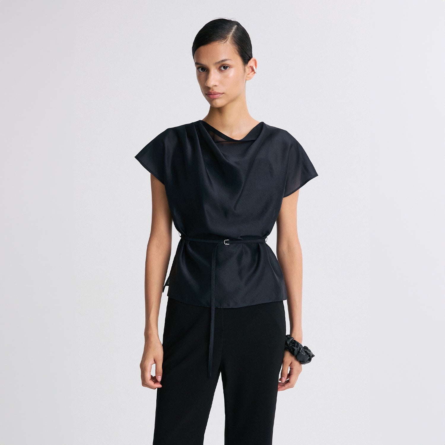 RE RHEE SHEER BELTED BLOUSE MIDNIGHT NAVY