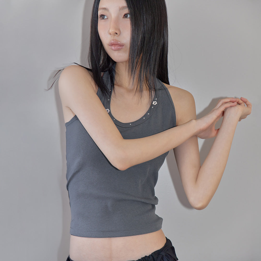 LONDONDADA Stud Shirring Halter Neck Top, CHARCOAL