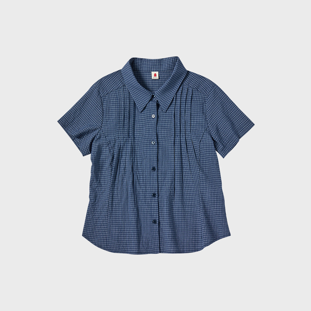 COMONINOZ W LINEN CHECK HALF SHIRTS [NAVY]
